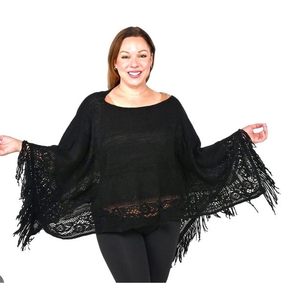 NWT LUCKY BRAND Knitted Black Fringe Poncho with Tassels women size S - Picture 2 of 10